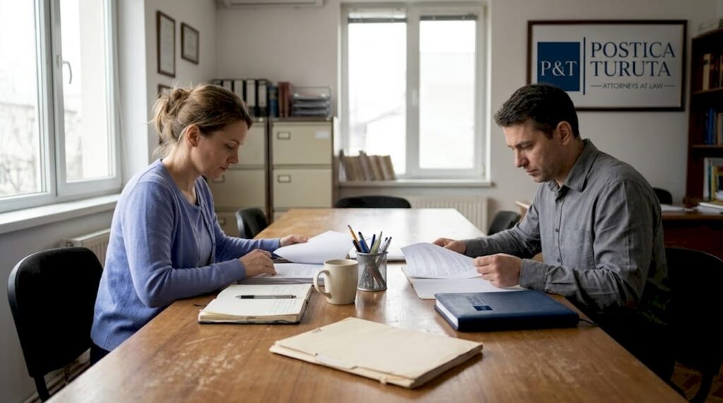 Un cuplu discută documentele de divorț împreună, la birou.