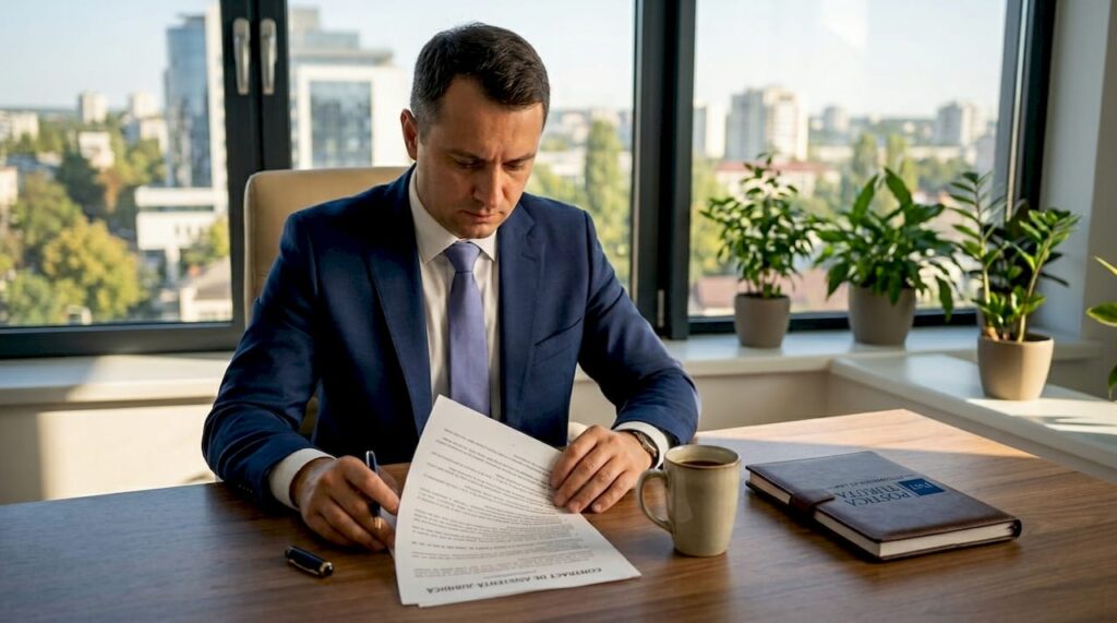 Un avocat analizează un contract la biroul său.