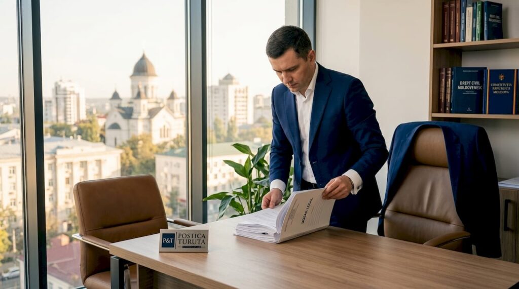 Un avocat analizează atent documente la biroul său din centrul orașului.