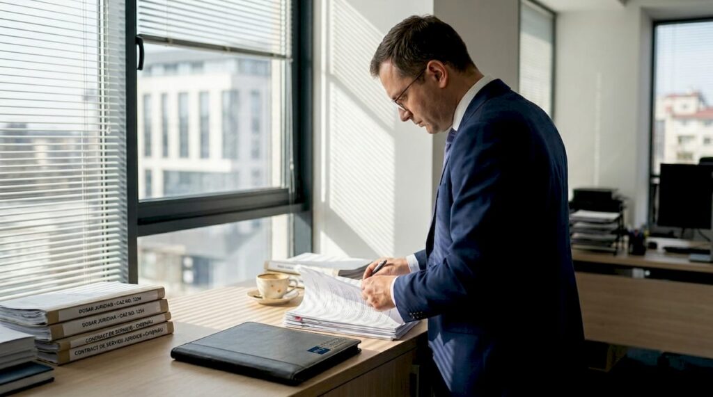 Un avocat analizează și organizează documente juridice la biroul său.