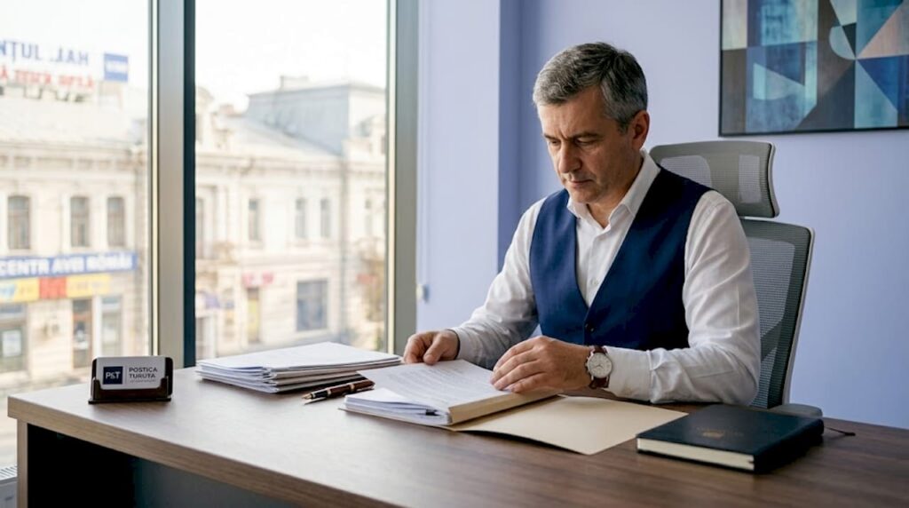 Un avocat studiază o ordonanță la biroul său, într-un cabinet cu atmosferă clasică.