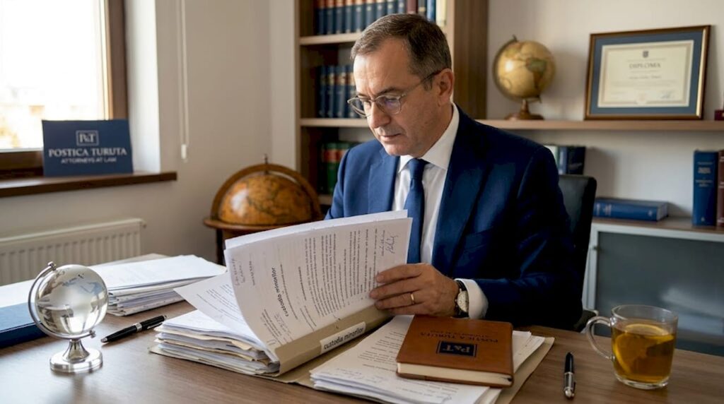 Avocat analizând un dosar de custodie la biroul său