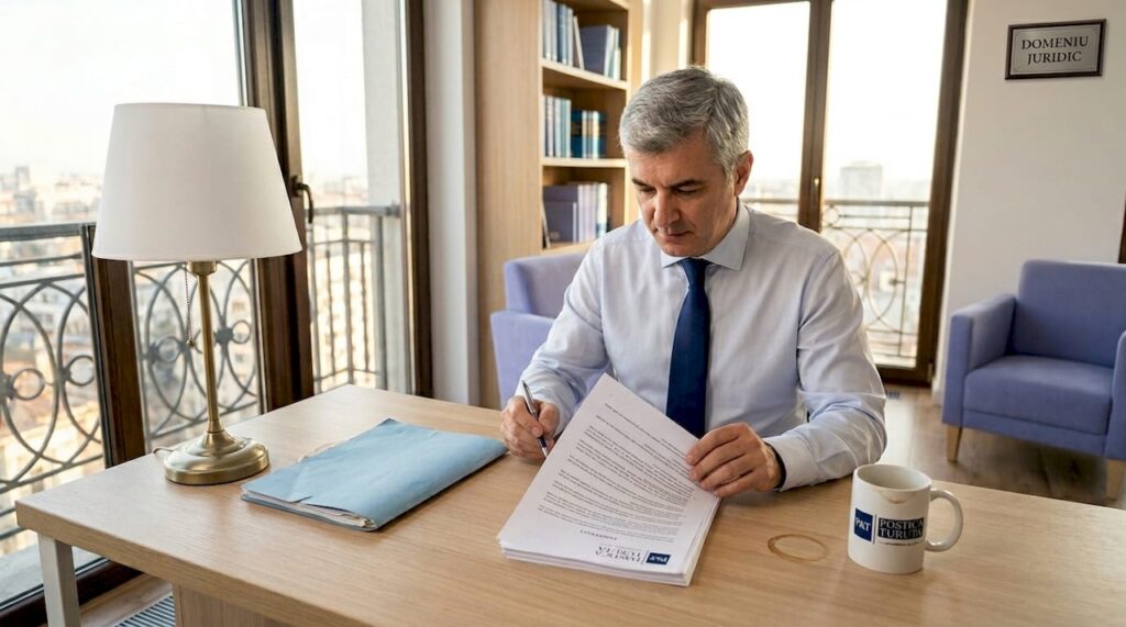 Un avocat analizează atent un contract la birou, având mai multe documente răspândite pe masă.