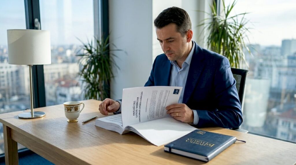 Un avocat din Moldova analizează documente la birou.