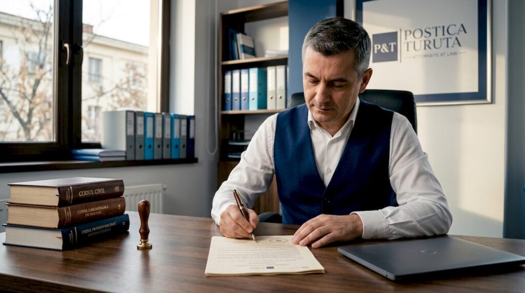 Notar care semnează un act oficial la birou