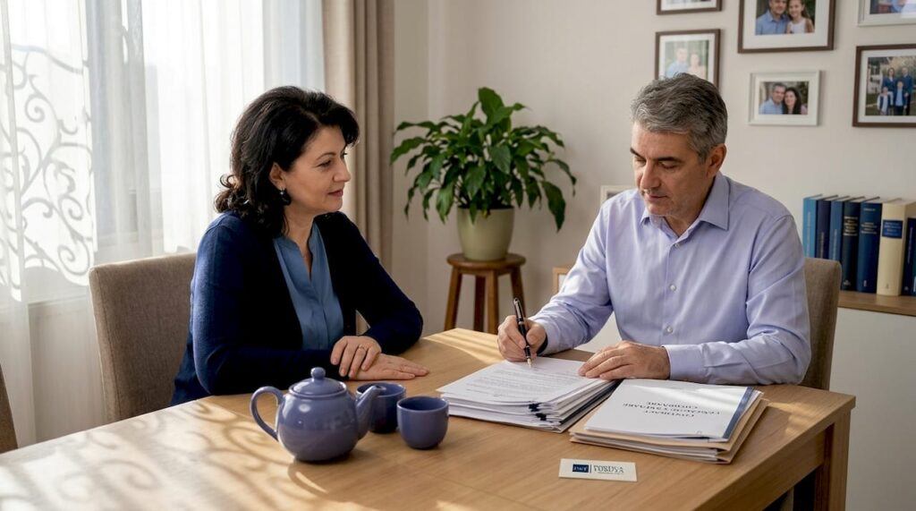 Un cuplu analizează împreună acte importante, stând la masa din sufragerie.