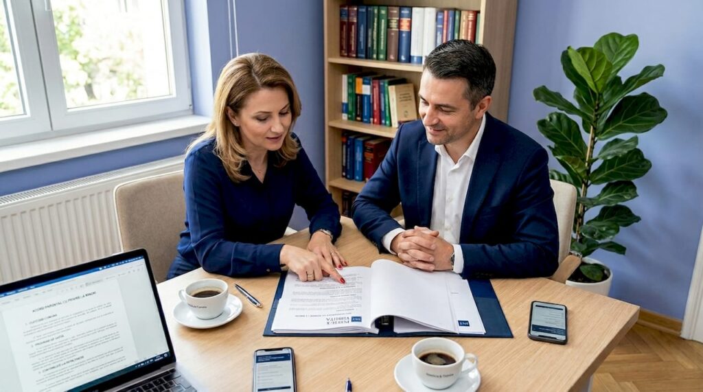 Părinții analizează actele privind acordul parental, verificând atent fiecare detaliu pentru a se asigura că drepturile și responsabilitățile lor sunt clar stabilite.
