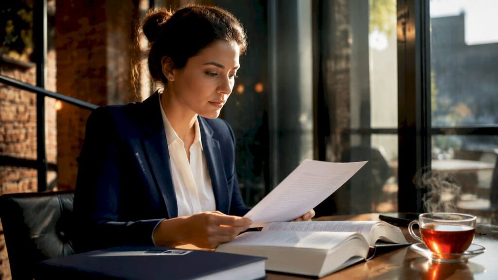 O avocată studiază atent un document juridic în confortul propriei case.