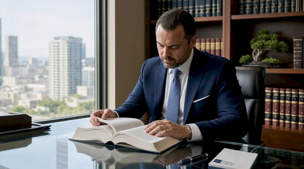 Un bărbat analizează legislația la birou, concentrat asupra codurilor juridice.