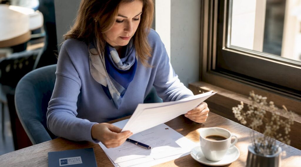 O femeie analizează atent actele de divorț, așezată la birou, încercând să se asigure că totul este în ordine.