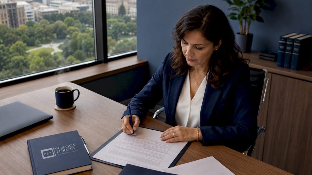 Avocat analizând un contract imobiliar în birou