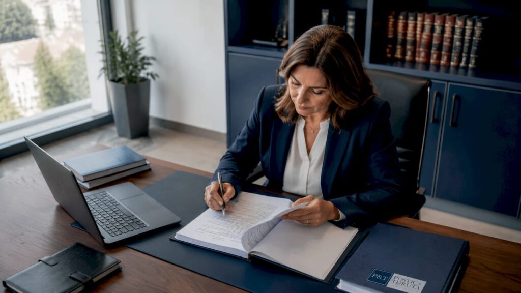 O avocată analizează actele necesare pentru moștenire, verificând cu atenție documentele de succesiune.