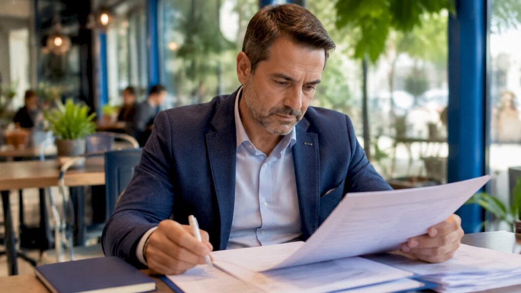 Un bărbat analizează acte juridice legate de recuperarea datoriilor.