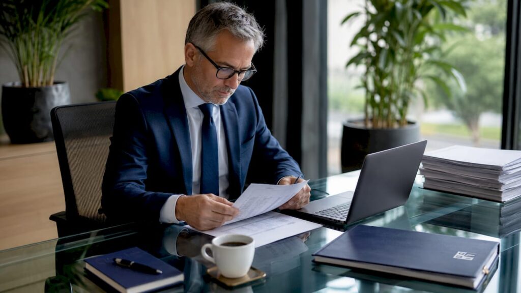 Un avocat analizează atent documentele fiscale la biroul său.