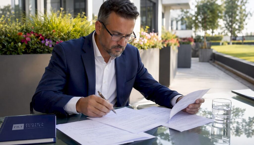 Om de afaceri analizând cu atenție clauzele unui contract la birou