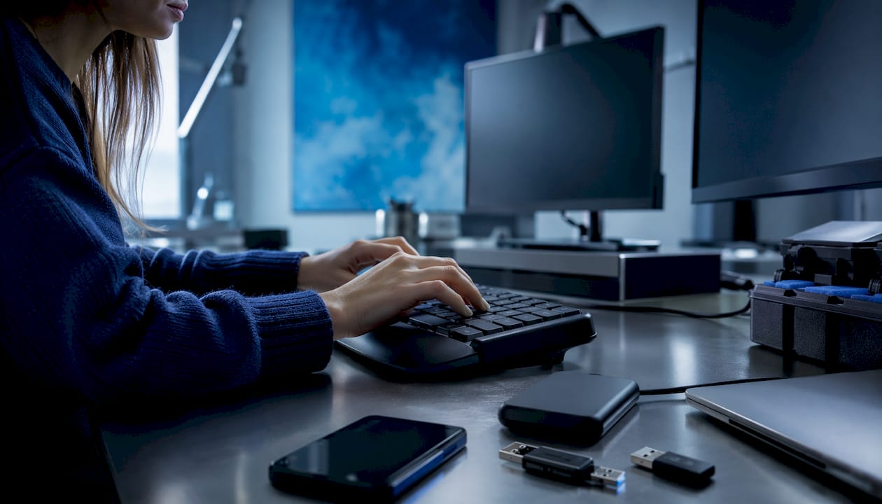 Mâini care tastează rapid la un calculator, în cadrul unui laborator specializat în investigarea infracțiunilor cibernetice.