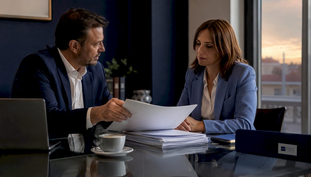 Un cuplu discută cu notarul despre împărțirea bunurilor imobiliare, într-un birou specializat.