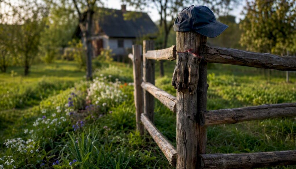 Gardul din lemn vechi, ce delimitează proprietatea la țară, marchează granița dintre terenuri și oferă acel aer autentic rural.