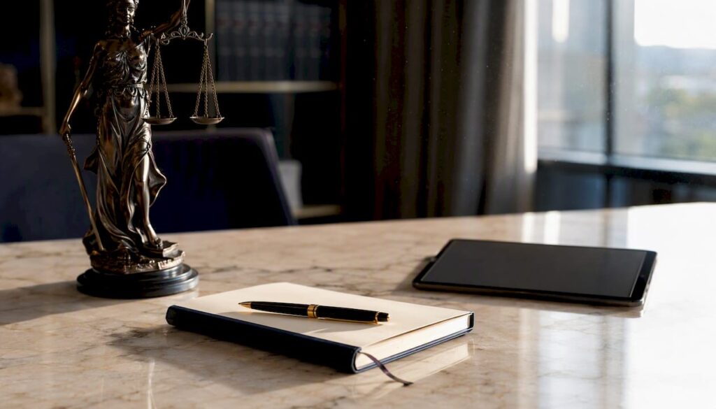 Detaliu cu instrumentele elegante de pe biroul unui avocat experimentat