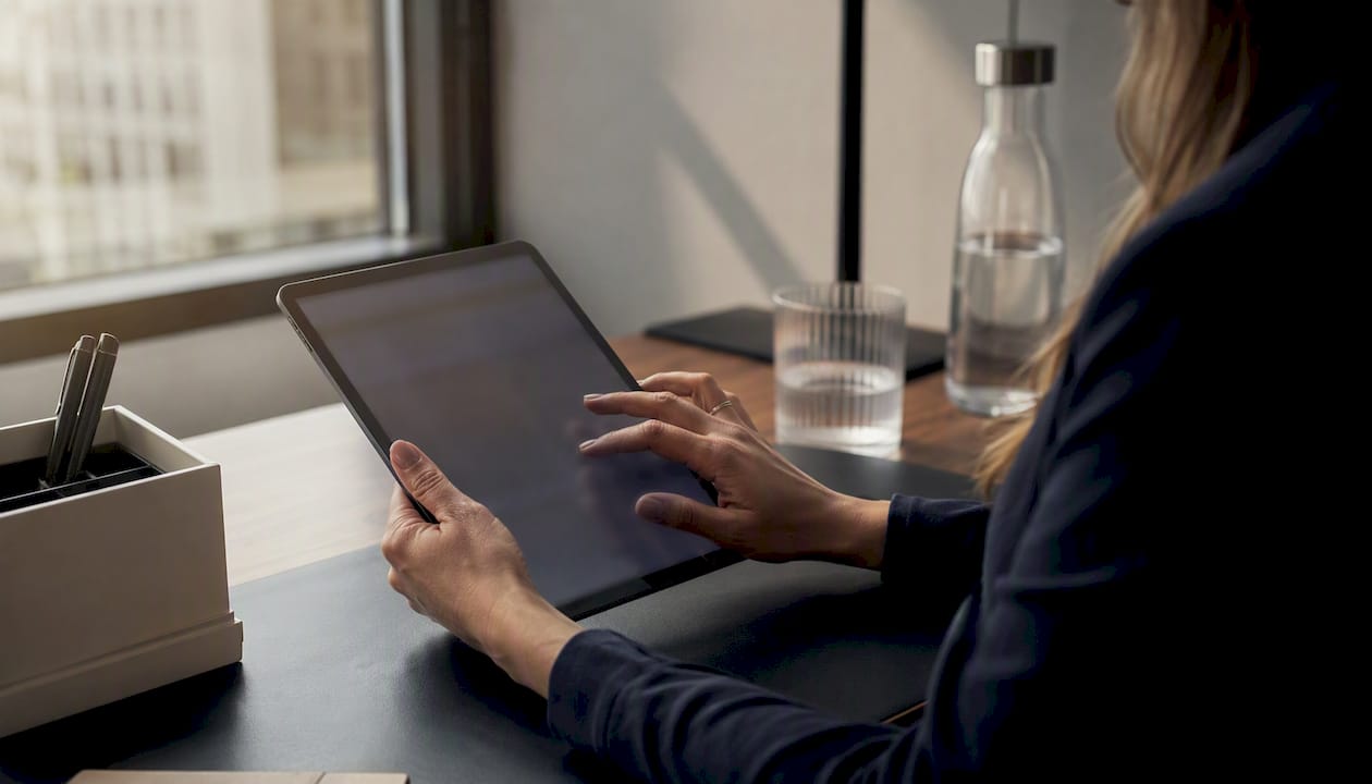 Mâini care aranjează documente pe o tabletă