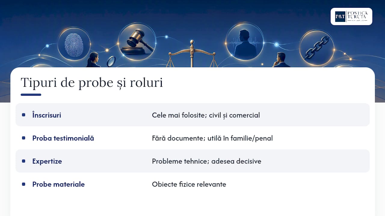 Diagram ilustrativ care evidențiază tipurile de probe juridice și rolul fiecăruia în procesul legal