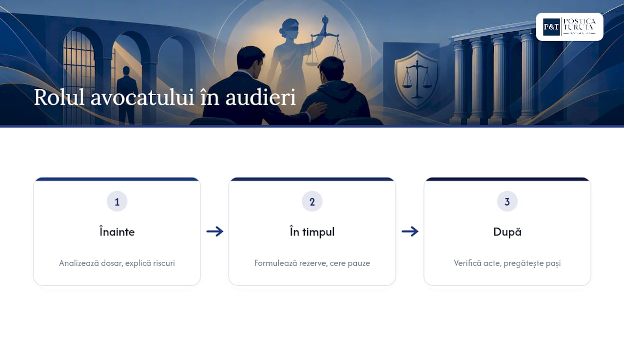 Ce face avocatul înainte, în timpul și după audiere — overview diagram